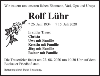 Traueranzeige von Rolf Lühr  von Magdeburger Volksstimme