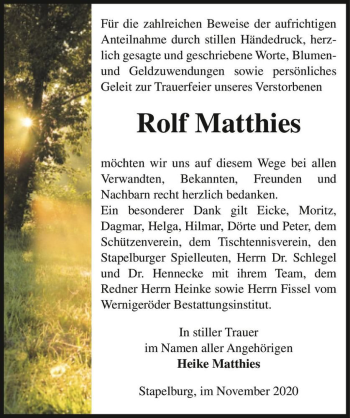Traueranzeige von Rolf Matthies  von Magdeburger Volksstimme