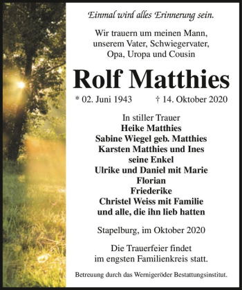 Traueranzeige von Rolf Matthies  von Magdeburger Volksstimme