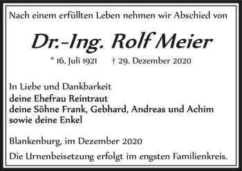 Traueranzeige von Rolf Meier  von Magdeburger Volksstimme