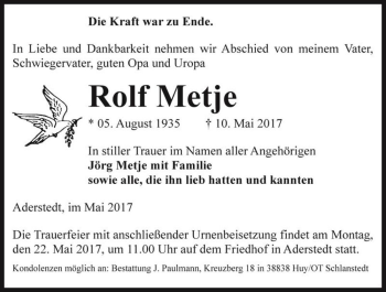 Traueranzeige von Rolf Metje  von Magdeburger Volksstimme