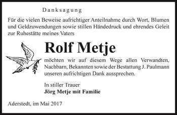 Traueranzeige von Rolf Metje  von Magdeburger Volksstimme