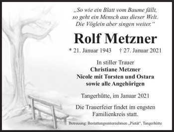 Traueranzeige von Rolf Metzner  von Magdeburger Volksstimme