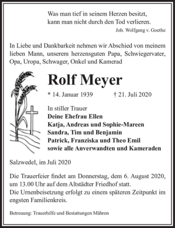 Traueranzeige von Rolf Meyer  von Magdeburger Volksstimme
