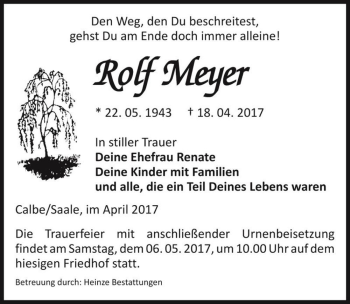 Traueranzeige von Rolf Meyer  von Magdeburger Volksstimme