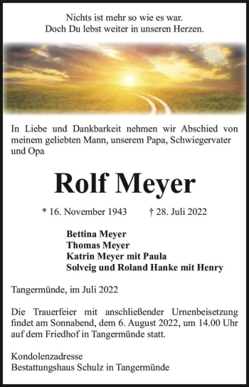 Traueranzeige von Rolf Meyer  von Magdeburger Volksstimme