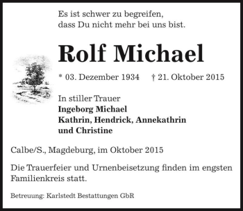 Traueranzeige von Rolf Michael  von Magdeburger Volksstimme