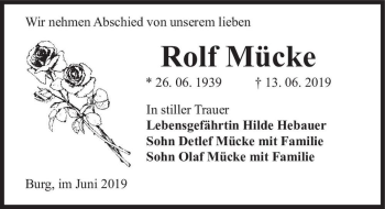 Traueranzeige von Rolf Mücke  von Magdeburger Volksstimme