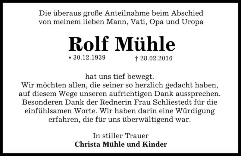 Traueranzeige für Rolf Mühle  vom 19.03.2016 aus Magdeburger Volksstimme