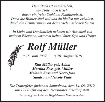 Traueranzeige von Rolf Müller  von Magdeburger Volksstimme