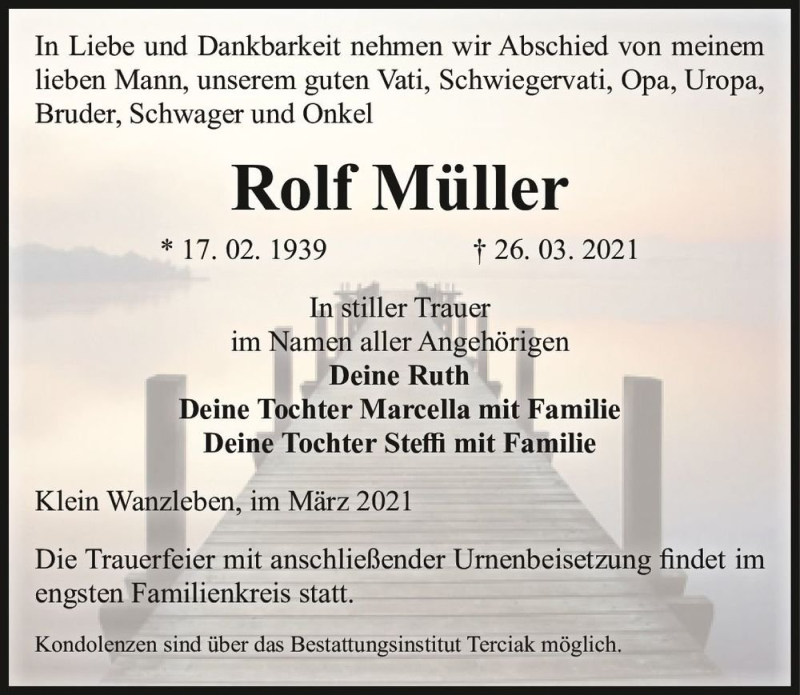  Traueranzeige für Rolf Müller  vom 03.04.2021 aus Magdeburger Volksstimme