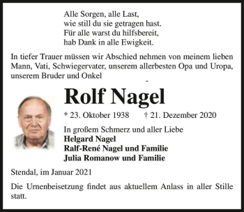 Traueranzeige von Rolf Nagel  von Magdeburger Volksstimme