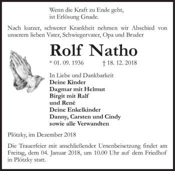 Traueranzeige von Rolf Natho  von Magdeburger Volksstimme