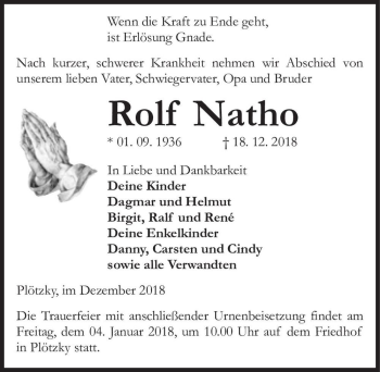 Traueranzeige von Rolf Natho  von Magdeburger Volksstimme