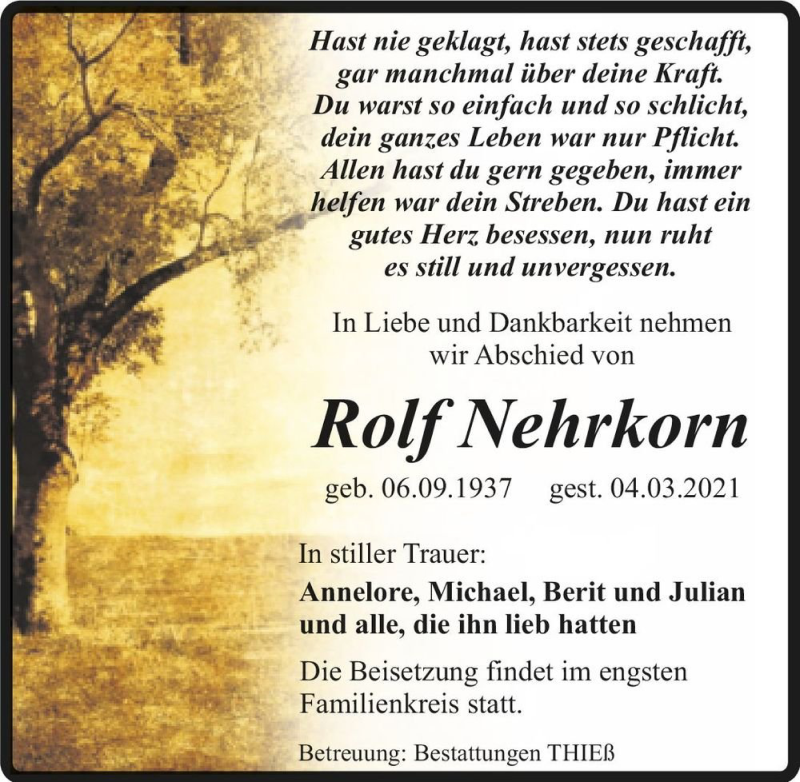  Traueranzeige für Rolf Nehrkorn  vom 13.03.2021 aus Magdeburger Volksstimme