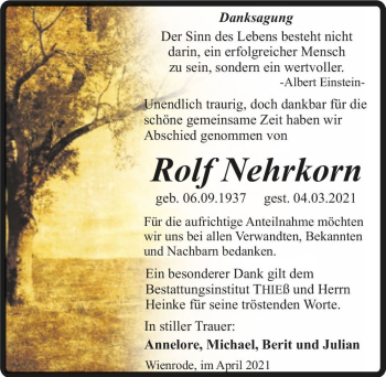 Traueranzeige von Rolf Nehrkorn  von Magdeburger Volksstimme