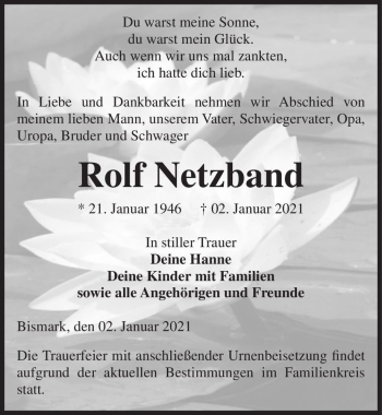 Traueranzeige von Rolf Netzband  von Magdeburger Volksstimme