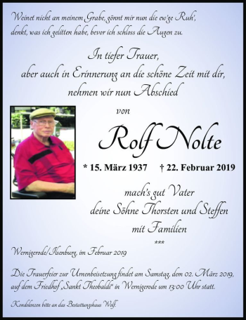 Traueranzeige von Rolf Nolte  von Magdeburger Volksstimme