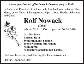 Traueranzeige von Rolf Nowack (Tabak)  von Magdeburger Volksstimme