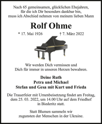 Traueranzeige von Rolf Ohme  von Magdeburger Volksstimme