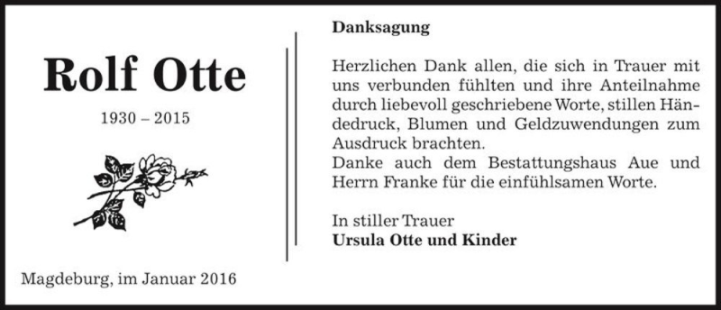  Traueranzeige für Rolf Otte  vom 30.01.2016 aus Magdeburger Volksstimme