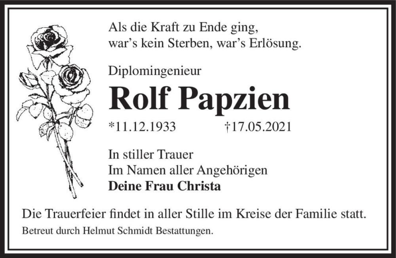  Traueranzeige für Rolf Papzien  vom 05.06.2021 aus Magdeburger Volksstimme