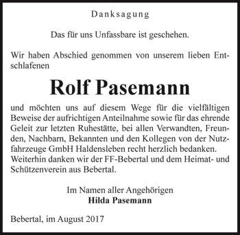 Traueranzeige von Rolf Pasemann  von Magdeburger Volksstimme