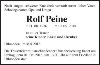 Traueranzeige von Rolf Peine  von Magdeburger Volksstimme