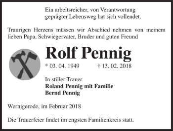 Traueranzeige von Rolf Pennig  von Magdeburger Volksstimme