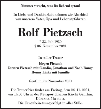 Traueranzeige von Rolf Pietzsch  von Magdeburger Volksstimme