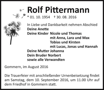 Traueranzeige von Rolf Pittermann  von Magdeburger Volksstimme