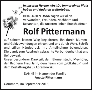 Traueranzeige von Rolf Pittermann  von Magdeburger Volksstimme