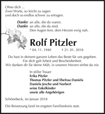 Traueranzeige von Rolf Pitzler  von Magdeburger Volksstimme