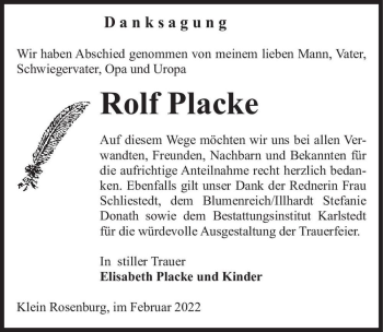 Traueranzeige von Rolf Placke  von Magdeburger Volksstimme
