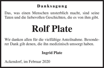 Traueranzeige von Rolf Plate  von Magdeburger Volksstimme