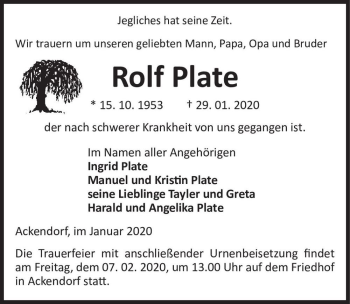 Traueranzeige von Rolf Plate  von Magdeburger Volksstimme