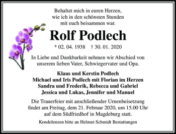 Traueranzeige von Rolf Podlech  von Magdeburger Volksstimme