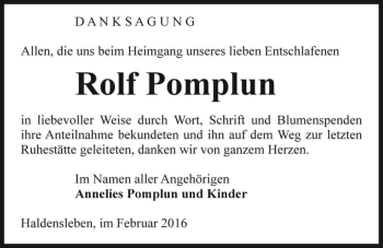 Traueranzeige von Rolf Pomplun  von Magdeburger Volksstimme