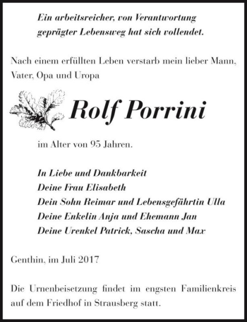 Traueranzeige von Rolf Porrini  von Magdeburger Volksstimme