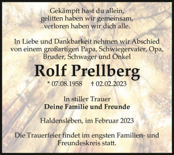 Traueranzeige von Rolf Prellberg  von Magdeburger Volksstimme