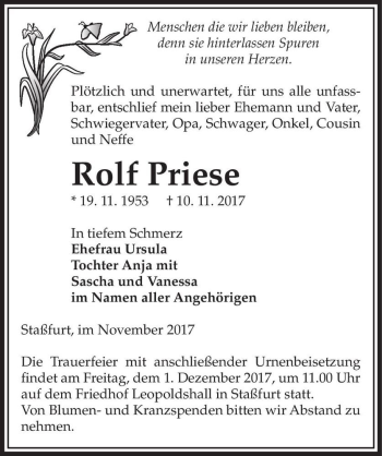 Traueranzeige von Rolf Priese  von Magdeburger Volksstimme