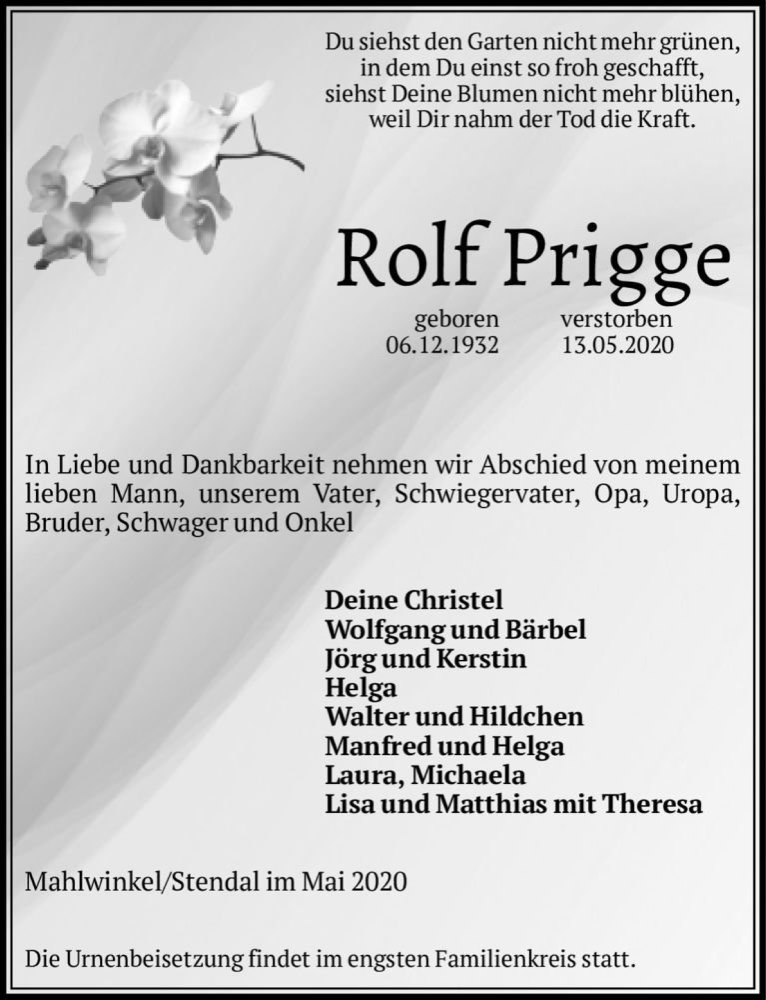  Traueranzeige für Rolf Prigge  vom 26.05.2020 aus Magdeburger Volksstimme