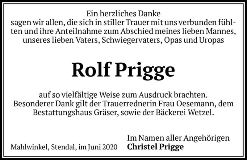  Traueranzeige für Rolf Prigge  vom 11.06.2020 aus Magdeburger Volksstimme