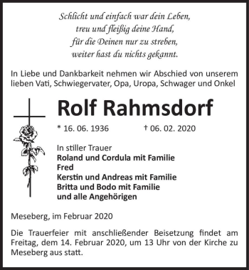 Traueranzeige von Rolf Rahmsdorf  von Magdeburger Volksstimme