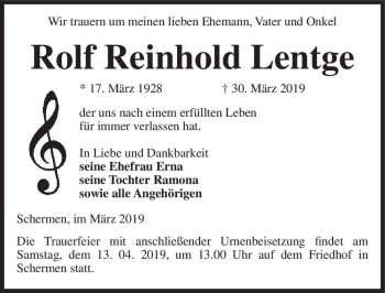 Traueranzeige von Rolf Reinhold Lentge  von Magdeburger Volksstimme