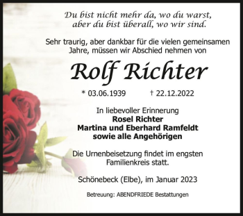 Traueranzeige von Rolf Richter  von Magdeburger Volksstimme
