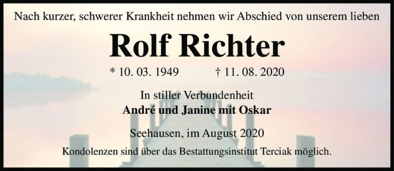  Traueranzeige für Rolf Richter  vom 29.08.2020 aus Magdeburger Volksstimme