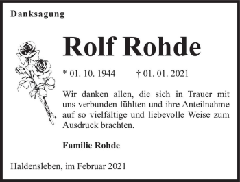 Traueranzeige von Rolf Rohde  von Magdeburger Volksstimme