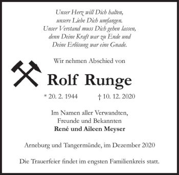 Traueranzeige von Rolf Runge  von Magdeburger Volksstimme