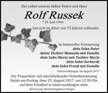 Traueranzeige von Rolf Russek  von Magdeburger Volksstimme